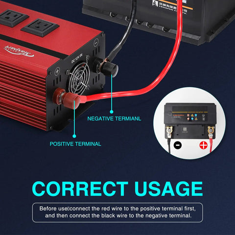 2000W Car Power Inverter 12V To 110V AC Converter With 4000 Watt Surge, showing connection to battery terminals.