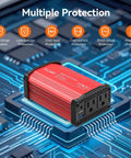 300W Car Power Inverter 12V to 110V AC With Dual Outlets and 27W PD USB-C Plus 18W USB-A Fast Charging Red with protection features
