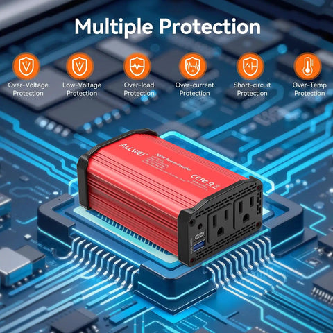 300W Car Power Inverter 12V to 110V AC With Dual Outlets and 27W PD USB-C Plus 18W USB-A Fast Charging Red with protection features