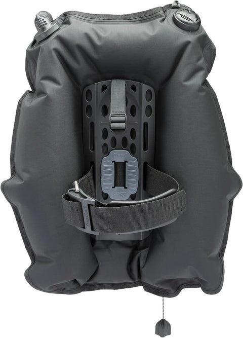Back view of Travel Ready Lightweight Back Inflation Scuba BCD Patrol For Divers, showing harness and bladder.