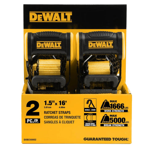 Heavy Duty Ratchet Straps 1.5 By 16 Feet With 5000 Pound Rating 2 Pack Cargo Tie Downs in branded packaging.