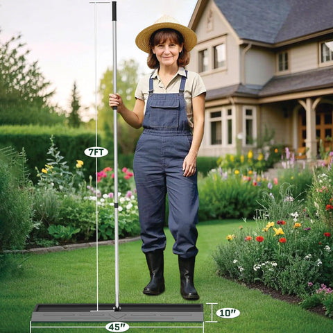 Gardener using Heavy Duty Lawn Leveling Rake 45x10 Inch Stainless Steel Head With Adjustable Handle outdoors