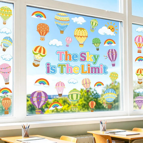Colorful Hot Air Balloon Window Clings Set for Back to School Decor Double Sided Classroom Glass Decals 9 Sheets Window Stickers