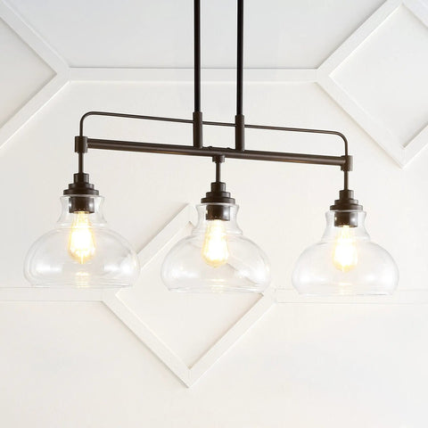 Oil Rubbed Bronze 3 Light Linear Pendant With Iron And Glass, Farmhouse Industrial Kitchen Island Light, Schoolhouse Shade Design