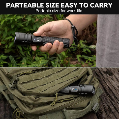 Insanely Bright 99,000 Lumen Rechargeable LED Flashlight Two Pack in hand and inside a backpack pocket