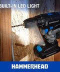 User operating 20V Cordless Drill Driver Kit With 1.5Ah Battery And Charger, LED work light on, drilling into wood