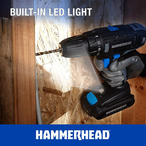 User operating 20V Cordless Drill Driver Kit With 1.5Ah Battery And Charger, LED work light on, drilling into wood