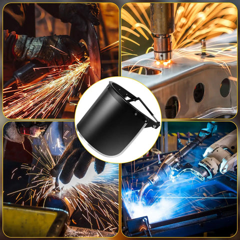 Replacement Face Shield Lens 15.5 x 8 Inches Black Protective Safety Shield, Durable Polycarbonate shown amid welding scenes