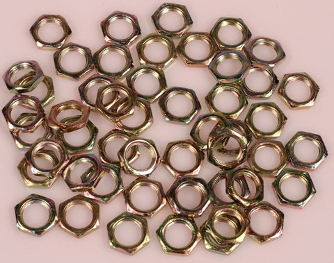 Collection of Beefy Hex Lock Nut Fasteners Steel Yellow Zinc Coated For One Eighth Inch Iron Pipe Size Standard Lamp Pipe Threads