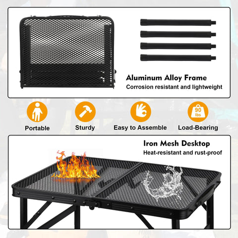Lightweight Mesh Camping Table With Adjustable Height For Camp Cooking And BBQ Portable Small Folding Metal Outdoor Table For Grill RV And Picnic 2 Ft Black showing mesh top and aluminum frame