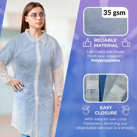 10 Pack White Disposable Lab Coats For Adults 3X Large With Elastic Wrists And Loop Closures Knee Length 35 GSM Polypropylene Breathable PPE Gear No Pockets shown on person and detailed sections.