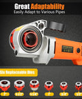 Pro Grade Electric Pipe Threader With Six Heavy Duty Dies For Galvanized Steel And Pp Tubing Portable 2300 Watt Threading Machine with six replaceable dies.