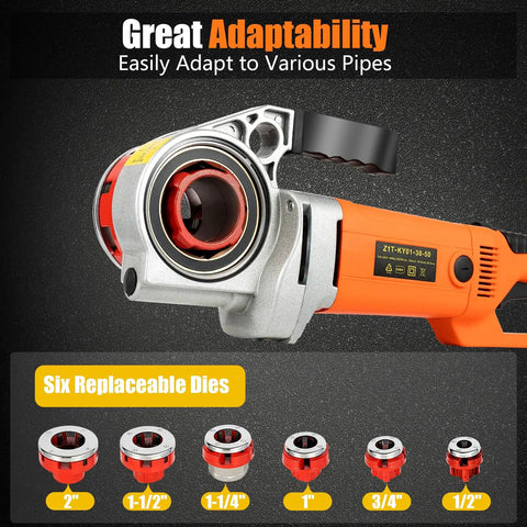 2300W Electric Pipe Threader With 6 Dies For Half To Two Inch Galvanized Steel showcasing six detachable dies and ergonomic handle.