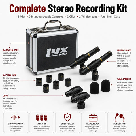 Stereo Pair XLR Pencil Condenser Microphones With Small Diaphragm Design And Omni Cardioid And Super Cardioid Capsules, accessory kit
