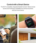 Person using StealthDrive Connect Smart Garage Door Opener with Ultra Quiet Belt Drive on phone and smartwatch.