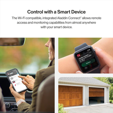 Person using QuietLift Connect WiFi Smart Garage Door Opener with phone and smartwatch, garage door partially open