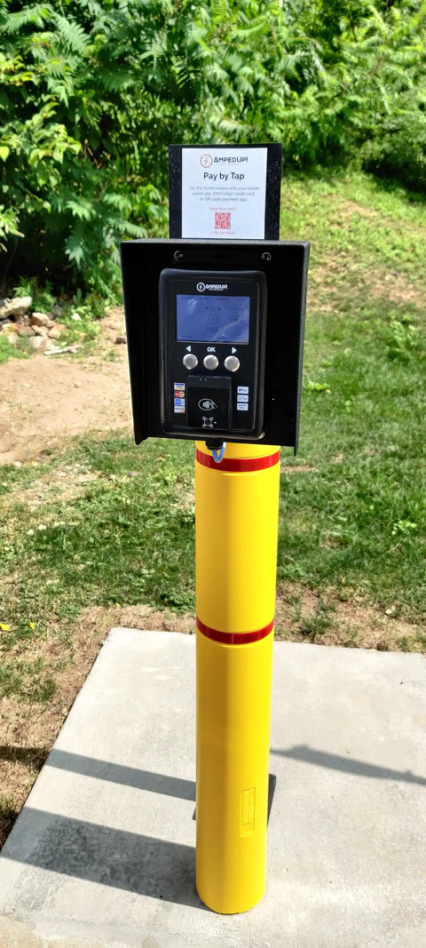 Top Shelf Gooseneck Pedestal For Card Readers And Access Control Keypads Featuring Adjustable Neck Setup And Solid Powder Coated Steel Frame Built Tough To Take On Daily Grinds And Keep Your Facility Locked Down All Season Long, yellow mounted stand with card reader.