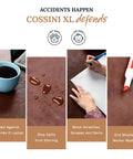 XL Desk Pad 17 X 36 Inch Large Vegan Leather Desk Mat For Home Office And Computer Setup showing coffee cup, water droplets, writing, and marker on surface