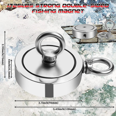 Grtard 1725lb fishing magnet kit; 3.7-inch double-sided neodymium magnet with lifting ring and storage case