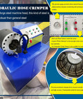 Heavy Duty Electric Hydraulic Hose Crimping Machine Featuring Twelve Crimping And Ten Skiving Dies For High Pressure Tubing One Quarter To Three Inch Sizes 220 Volt Three Phase showing control panel and crimping head.