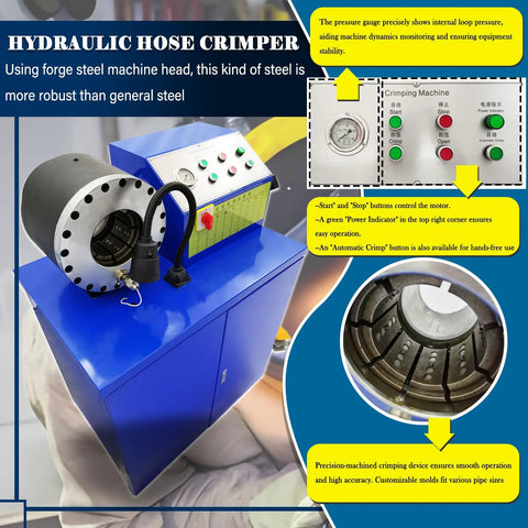 Heavy Duty Electric Hydraulic Hose Crimping Machine Featuring Twelve Crimping And Ten Skiving Dies For High Pressure Tubing One Quarter To Three Inch Sizes 220 Volt Three Phase showing control panel and crimping head.