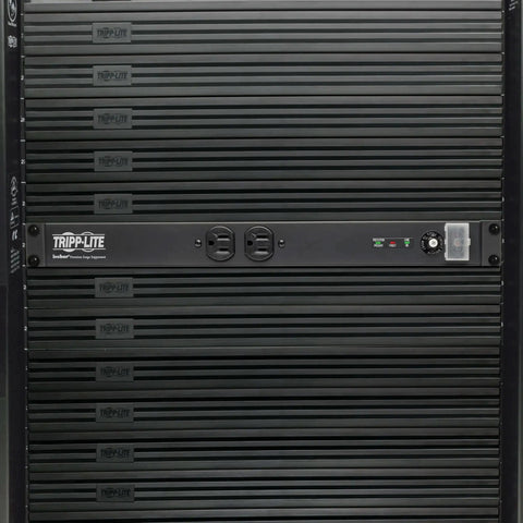 Front view of Isobar Rackmount Surge Protector Power Strip with 12 Outlets, 20A, 3840 Joules, mounted in a rack setup.