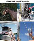 Collage showing uses of Three Quarter Inch Braided Polyester Arborist Bull Rope 150 Feet for sailing, rigging, and halyard applications.