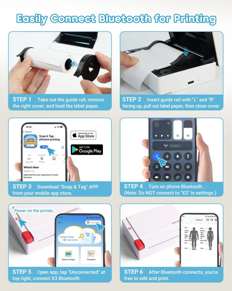 Top Tier Portable Thermal Sticker Printer And Wireless Label Maker With 2 To 3 Inch Wide Format For Photos setup steps for Bluetooth connection.