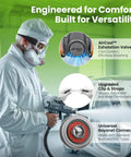 Technician wearing M500 Reusable Respirator Mask With A1P2 Filters For Painting Woodworking Construction Sanding Spraying Chemicals DIY Dual Filtration System All Day Comfort Anti Gas Dust Protection, highlighting air valve, adjustable straps, and bayonet connectors.