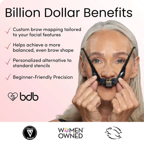 Woman holding Brow Buddy Kit With Patented Symmetrical Shaping Tool And Contouring Stencil Pro Brow Mapping Set for brow shaping.