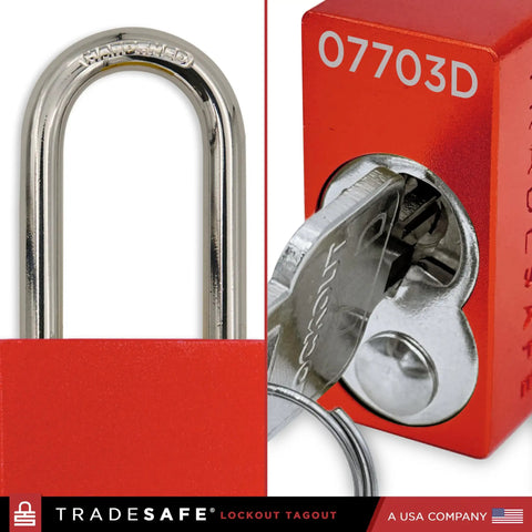 Heavy Duty Lockout Tagout Padlocks In Bright Red Set Of Ten Keyed Alike With Two Keys Each Featuring Rugged Steel Shackles Straight Up OSHA Approved For No Nonsense Worksite Security