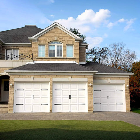 Decorative Carriage House Style Garage Door Hardware Kit With 8 Hinges And 4 Handles For Two Car Garages installed on white doors