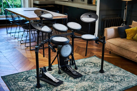 Quiet 5-Piece Electronic Drum Pad Set For Home Practice With Up To 75 Percent Noise Reduction, V-Drums Style Pads, in living room