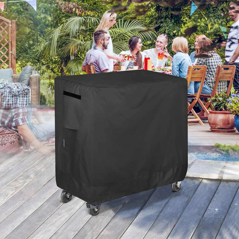 Waterproof Cooler Cart Cover For 80 Quart Patio Coolers Fits Rolling Ice Chest 36L By 20W By 34H Inches Durable All Weather Outdoor Shield From Rain Dust Sun UV covering a cart on a patio.