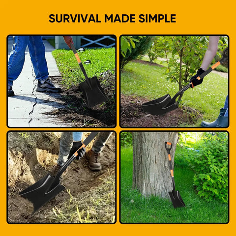 Heavy Duty Flat Shovel Workhorse with 41 Inch Long Durable Handle and Blade for Construction, Landscaping, Gardening, and Snow Removal, rust-resistant, used in different outdoor scenarios.