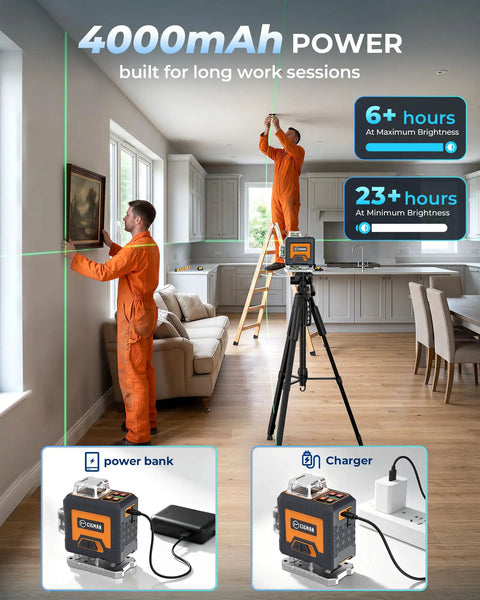 360 Degree Laser Level Self Leveling Kit With Four 360 Degree Green Lasers 16 Bright Lines For Precise Tile And Room Layouts From Floor To Ceiling Square Off Walls And Ceilings Like A Pro. on tripod in living room