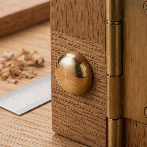 16 Pieces Brass Capped Fixing Screws With Curved Decorative Head Caps For Mirrors And Furniture Golden Color Sturdy Integrated Design Built For Quick Woodworking Fixes And Easy Furniture Repair Projects on a wooden surface next to a ruler and shavings