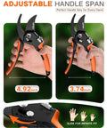 Eight Point Five Inch Stepless Handle Pruning Shears adjustable grip shown with handles at 4.92 and 3.74 inches on bright orange background