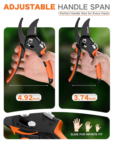Eight Point Five Inch Stepless Handle Pruning Shears adjustable grip shown with handles at 4.92 and 3.74 inches on bright orange background
