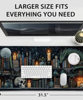 Mystical Gothic Library XXL Mouse Pad 31.5x15.7 Inches, Vintage Book Theme Desk Mat on desk setup with keyboard and mouse
