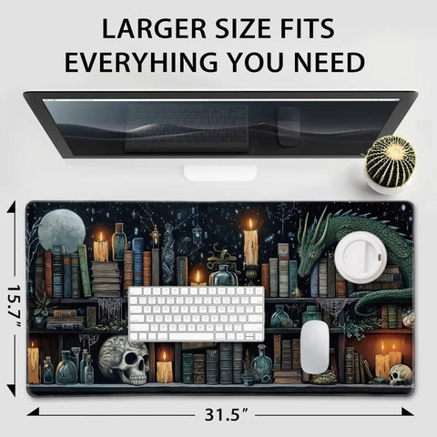 Mystical Gothic Library XXL Mouse Pad 31.5x15.7 Inches, Vintage Book Theme Desk Mat on desk setup with keyboard and mouse