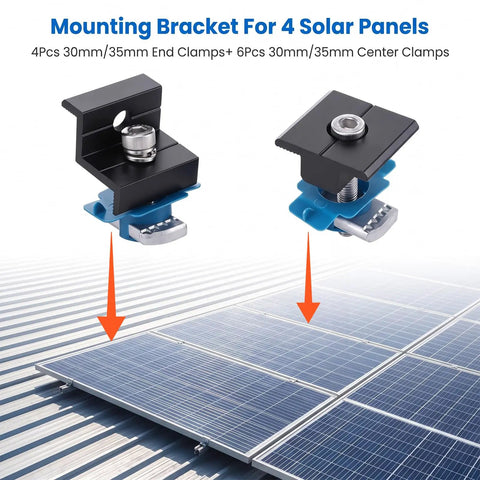 Top Shelf Black Solar Panel Clamps And End Mount Hardware Kit Compatible With Standard Unistrut Rails Featuring Pre Assembled Channel Nuts And A Hex Wrench For A No Fuss Diy Install, showing 4 end and center clamps.