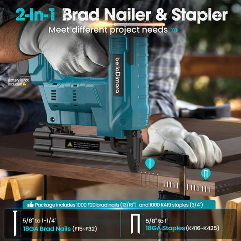 Badass Two In One Cordless Brad Nailer And Staple Gun Combo Drives 18 Gauge Nails Up To One Inch Length for furniture assembly.