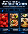 Portable Moving Billboard Backpack For Street Ads And Mobile Promotions Ultra Bright Hella Daylight Visible Lcd Screen Android Powered Gear For Small Business Hustlers showcases split-screen modes with images of food dishes and strawberries.
