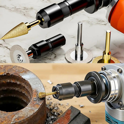 Two Pack Angle Grinder To Straight Chuck Adapter Set in use with rotary tools for carving and polishing on metal surface