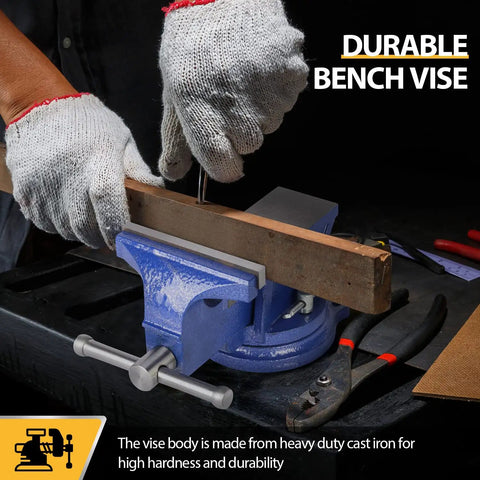 Person using Heavy Duty 6 Inch Bench Vise Clamp With 150mm Jaw on tabletop for DIY project, 360° swivel base visible