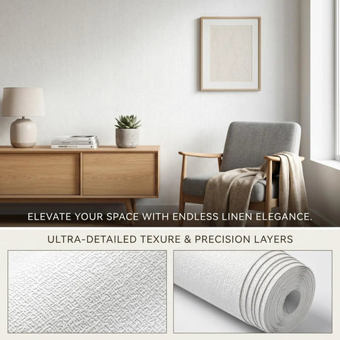 Solid White Peel And Stick Wallpaper With Linen Texture Waterproof Self Adhesive Contact Paper For Kitchens Bedrooms Darn Easy To Apply Snazzy Moisture Resistant Wall Covering 19 69 By 16 4 Feet displayed in a modern living space with elegant design.