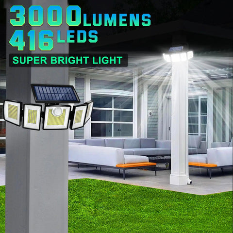 Outdoor Solar Flood Light With Motion Sensor, 416 LEDs Delivers 3000 Lumens Of Serious Brightness, installed on outdoor pillar