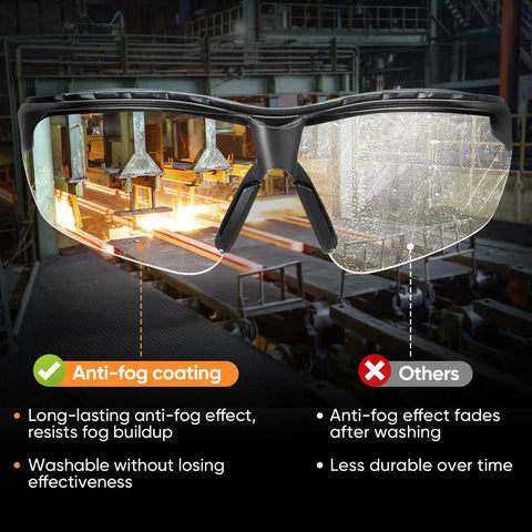 Anti Fog Safety Glasses For Men And Women, ANSI Z87.1 Approved, showing anti-fog lens comparison in industrial setting.
