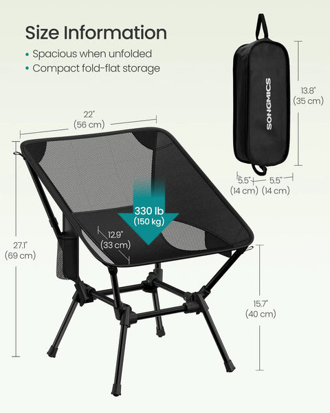 Portable Camping Chair With 330 Pounds Capacity Lightweight Backpacking Chair Adjustable Height Steel Frame With Storage Bag